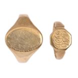 Two 9ct gold signet rings, Birmingham 1928 or marks rubbed, 11g, size N and 1 Larger ring worn,