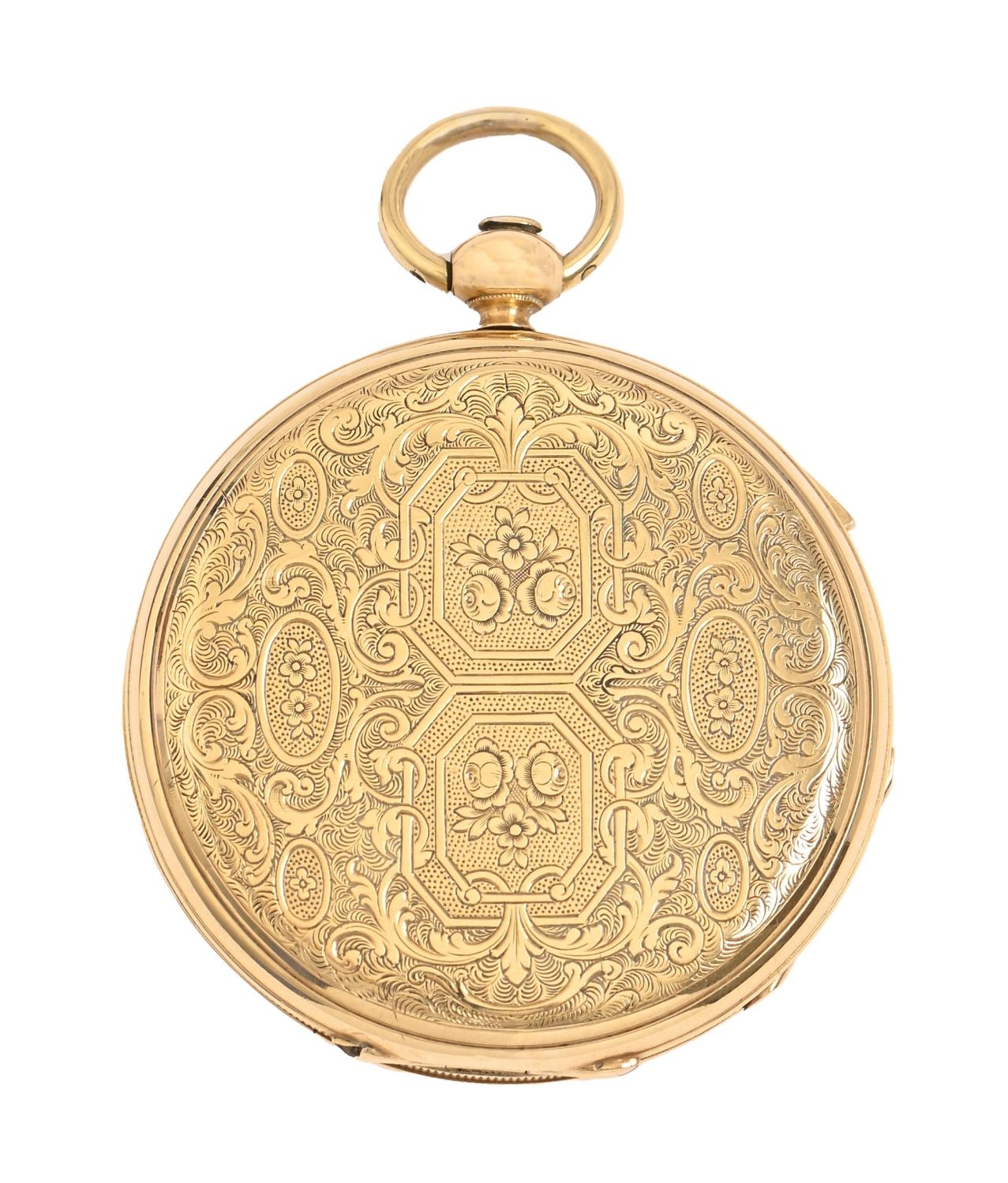 A Swiss quarter repeating gold hunting cased lever watch, 19th c,  with enamel dial and Breguet