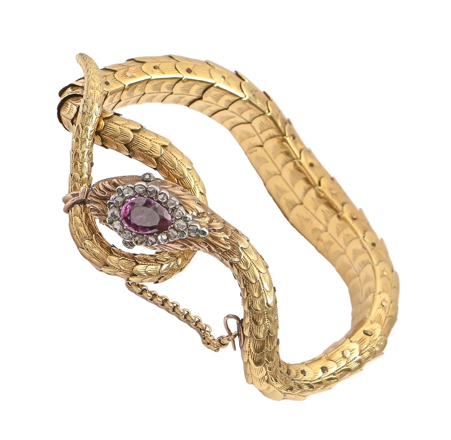 A Victorian gold serpent bracelet, the head mounted with oval amethyst in diamond surround, 21cm