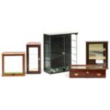 Five various table top display cases, glass lidded mahogany-stained example 30 x 63cm Generally good