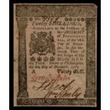 North America, Pound Note, Twenty Shillings, Pennsylvania, 1775, no.7329, minor pin holes, good