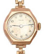 A Talis 9ct gold lady's wristwatch, 22 x 21mm, London 1946, on plated bracelet Wear; movement