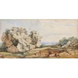 Attributed to John Joseph Cotman (1814-1878) - Landscape, watercolour, 9.5 x 19cm, unframed