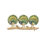 A gold and enamel peacocks brooch, 34mm, unmarked, 5.3g Good condition