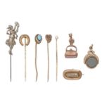 A gold mourning brooch, fob seal, fob swivel and several stickpins, 19th c and later, 18g Some