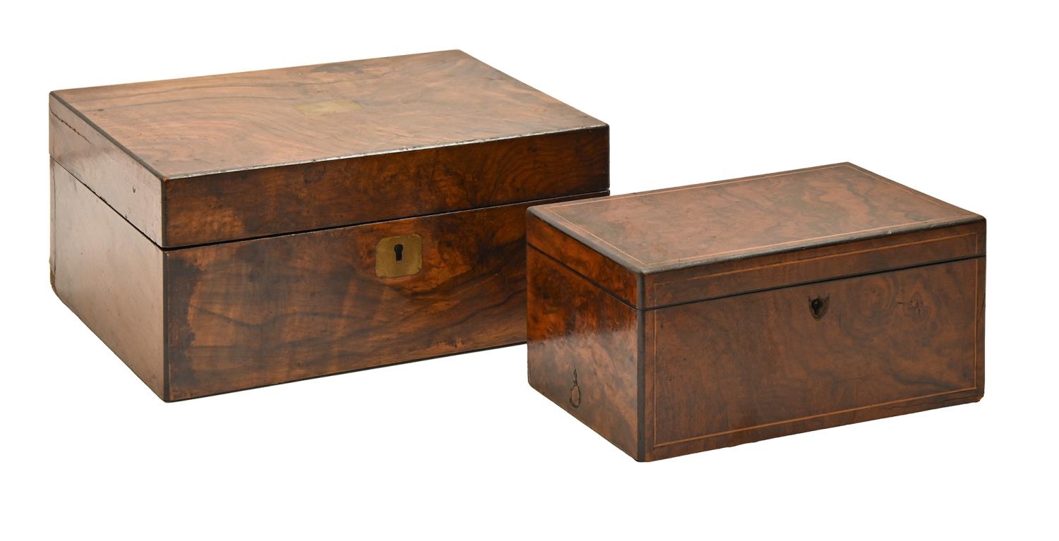 A Victorian walnut and line inlaid stereogram or stationery box, with divided interior, 21.5cm l and