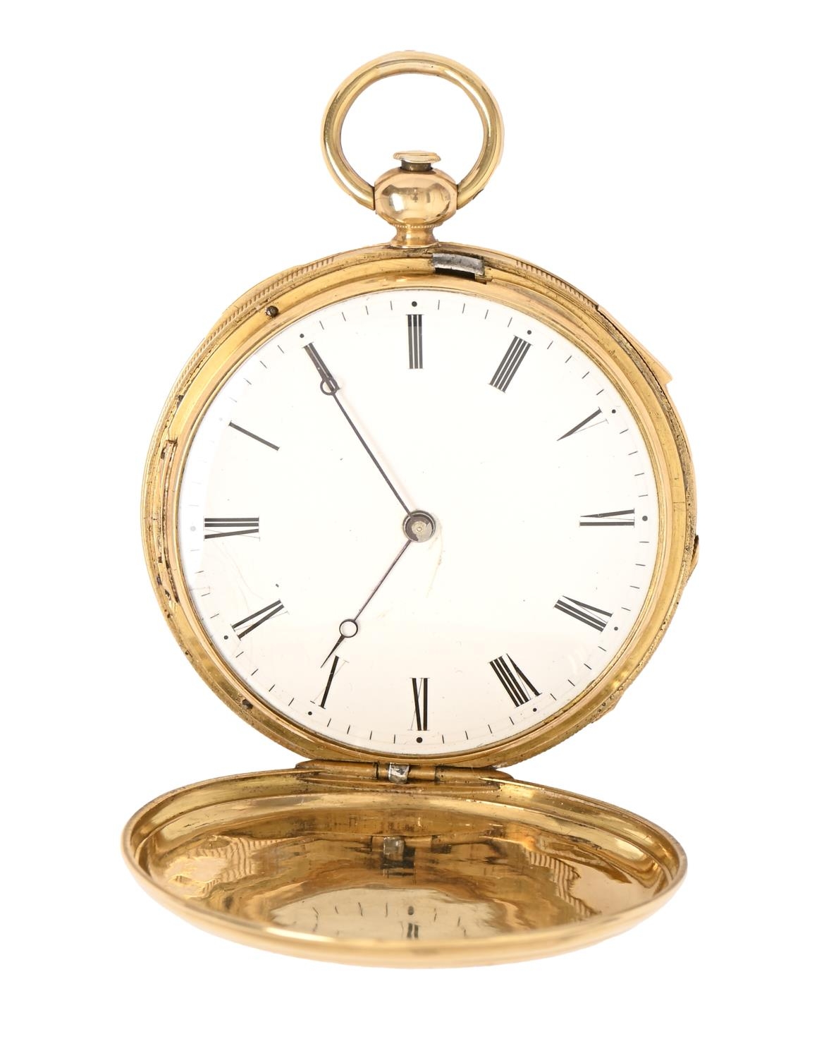A Swiss quarter repeating gold hunting cased lever watch, 19th c,  with enamel dial and Breguet - Image 2 of 3