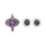 A pair of sapphire and diamond cluster ear studs, in white gold, 10mm, marked 585, 4g and a purple
