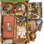 Miscellaneous nickel plated and other horse bits, fishing reels, copper and brass jug, etc