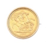 Gold coin. Two pounds 1887, mounted in a gold coloured metal brooch with base metal pin, 22g