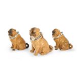 Three German pug dog novelty porcelain tobacco jars and covers, late 19th c, 21cm h, largest jar
