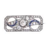 An Art Deco sapphire and diamond brooch, of curved, cut-cornered rectangular shape with two half