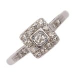 A diamond square cluster ring, white gold hoop, engraved 18CT WG & PT, 2.5g, size P Light wear