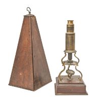 An English brass Culpeper microscope, Bleuler London, early 19th c, the body tube and stand on three