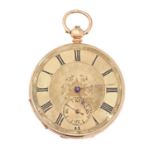 A Swiss gold lever watch, late 19th c,  the silvered three quarter plate movement engraved