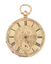 A Swiss gold lever watch, late 19th c,  the silvered three quarter plate movement engraved