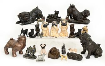 Miscellaneous cold painted, bronze resin and other models of pug dogs, 20th c, various sizes (