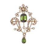 A green paste and split pearl openwork brooch-pendant, c1900, in gold, 41mm, marked 9ct, 4.3g