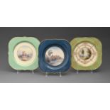 Three Royal Worcester square dessert plates, 1926 and 1936, painted by G H Evans or R Rushton,