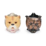 A German painted biscuit pug dog, owl and cat three-faced night light, c1890, with glass eyes,