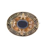 A Victorian banded agate, gold and black enamel mourning brooch, locket back, 44mm, 16.6g Slight