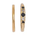 A gold wedding ring, marks rubbed and a sapphire and diamond ring, in 18ct gold, Convention