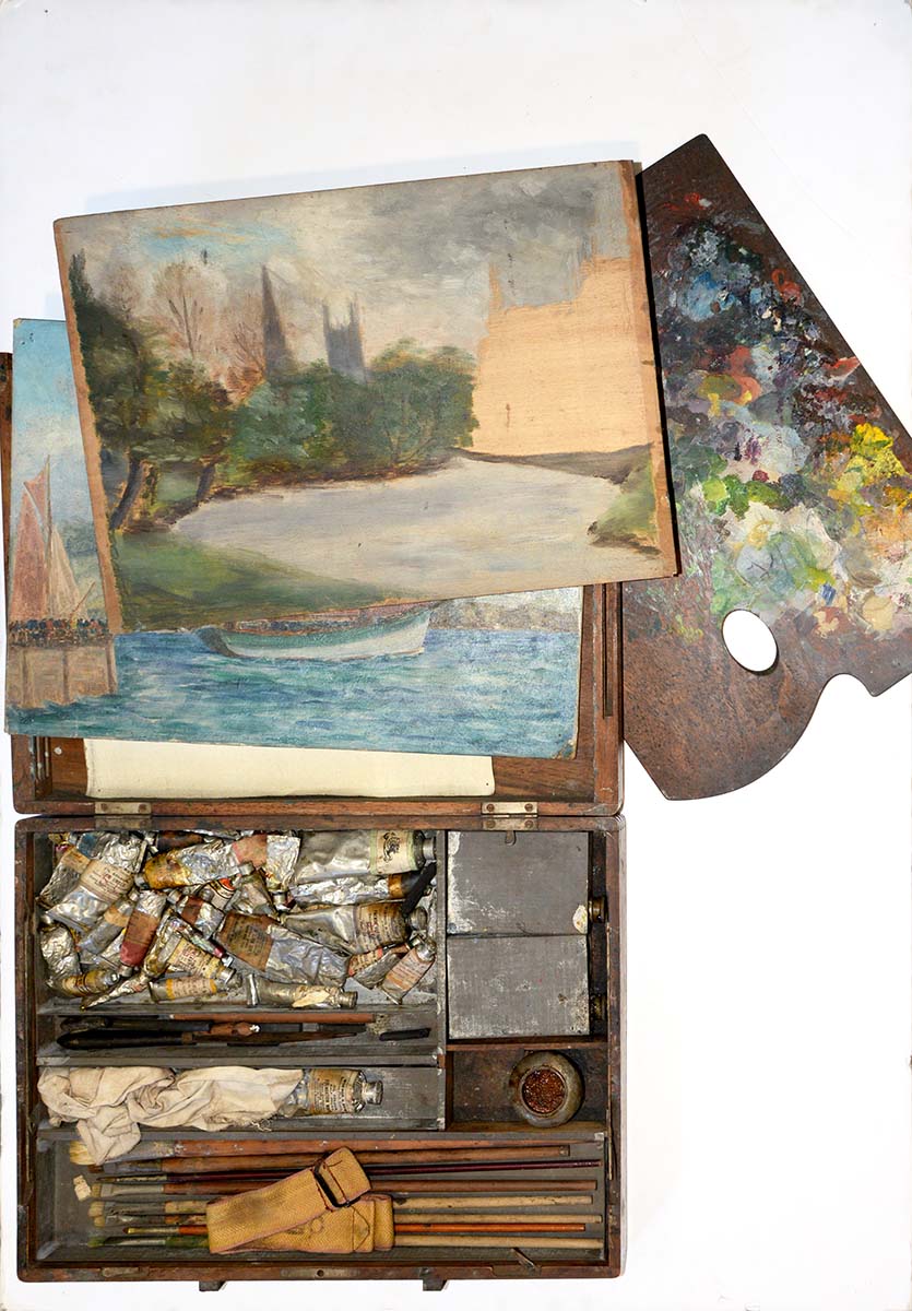 A 19th c artist's rectangular mahogany box, enclosing palette and various brushes, 38cm w, early - Image 3 of 5