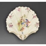 A Royal Worcester shell shaped dish, 1914, printed and painted with birds and roses, 18cm l, puce