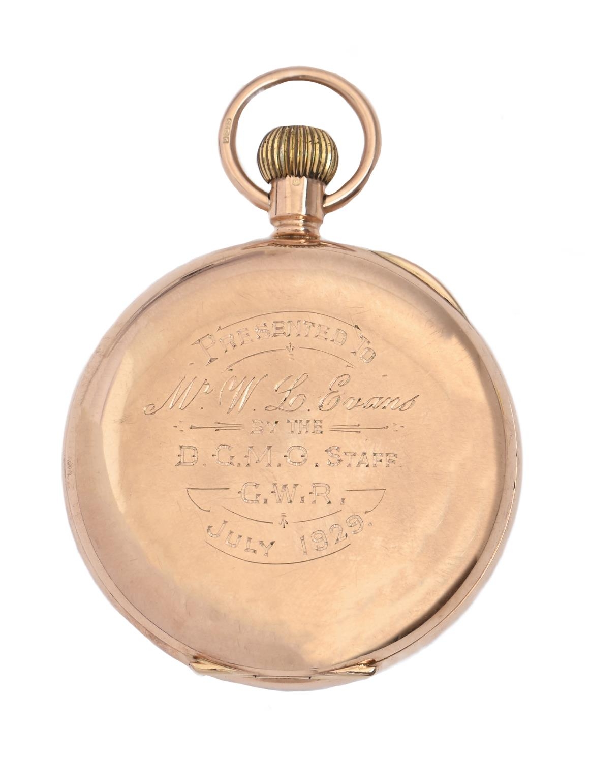 An English 9ct gold keyless lever watch,  in plain case, the back engraved Presented to Mr W L Evans - Image 2 of 4