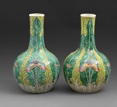A pair of Chinese famille rose vases, 20th c, of bottle shape painted with flowers and crickets on a