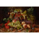 English School, 1868 - Still Life with a Basket of Fruit on a Woodland Bank, signed with initials