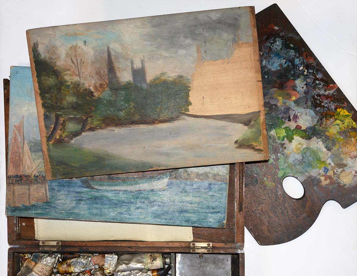 A 19th c artist's rectangular mahogany box, enclosing palette and various brushes, 38cm w, early - Image 4 of 5