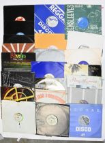 Vintage vinyl records. A used DJ collection, reggae and dancehall, including some DJ promo copies (