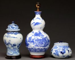 A Chinese blue and white jar and cover, 20th c, 36cm h, Kangxi mark, a similar blue and white bowl