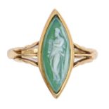 A navette shaped green hardstone cameo ring, early 20th c, in 18ct gold, Birmingham, no date letter,