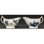 A pair of Caughley blue and white shell-moulded sauceboats, 1777-1784, transfer printed with the