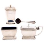 A George VI three-piece silver condiment set, blue glass liners, pepperette 70mm h, by W Neale
