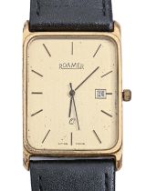 A Roamer 9ct gold rectangular wristwatch, quartz movement, 24 x 30mm, Convention mark Light wear