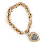 A Victorian gold bracelet, of oval links with turquoise set clasp and heart shaped gold locket, 17cm