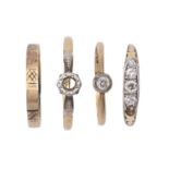 Two diamond rings and two other gold rings, various sizes, 6.3g Damaged or heavily worn