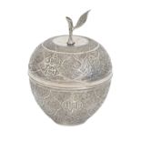 An Egyptian silver repousse box and cover in the form of an apple, 20th c, 25cm h, control marks,