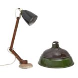 A painted metal and unpainted wood adjustable desk lamp with black metal shade, c1970 and two