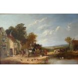English School, mid 19th c - The London to York Mail Coach outside a Country Inn, with signature
