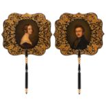 A pair of Victorian royal portrait papier mache hand screens, c1840, painted with Queen Victoria and