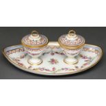 A French porcelain inkstand, 19th c, of oval form with pair of shield shaped bowls, liners and
