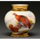 A Caverswall ovoid vase, late 20th c, painted by L Woodhouse, signed, with red grouse, 11.5cm h,