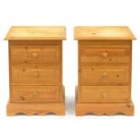 A pair of waxed pine bedside chests of drawers, 60cm h; 37 x 43cm Good condition