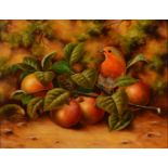 James E Smith (of Worcester) - A Redbreast and Apples on a Mossy Bank, signed, oil on board, 24 x