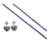 A sapphire necklet, with gold clasp, 44.5cm, marked 10k and a pair of sapphire and diamond earrings,