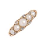 A split pearl ring with diamond accents, early 20th c, in gold, marks rubbed, 3.5g, size L Good